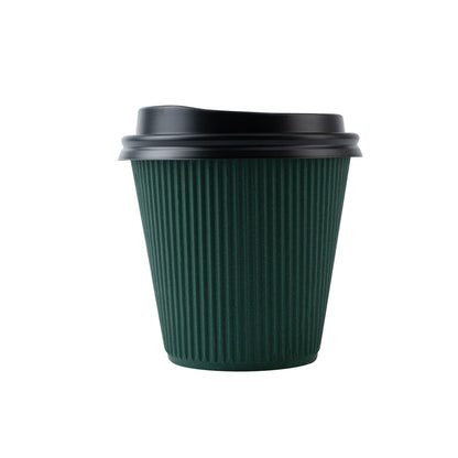 Restpresso 8 oz Forest Green Paper Ripple Wall Coffee Cup - with Black Lid - 3 1/2" x 3 1/2" x 4" - 20 count box