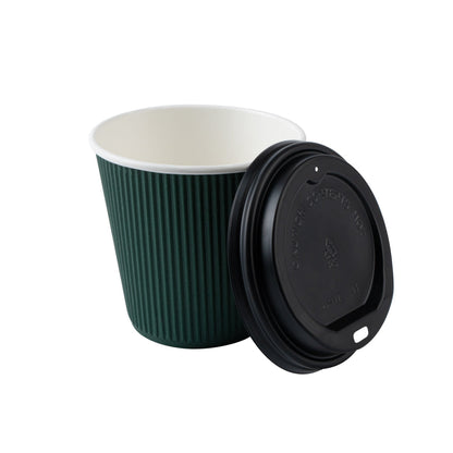 Restpresso 8 oz Forest Green Paper Ripple Wall Coffee Cup - with Black Lid - 3 1/2" x 3 1/2" x 4" - 20 count box