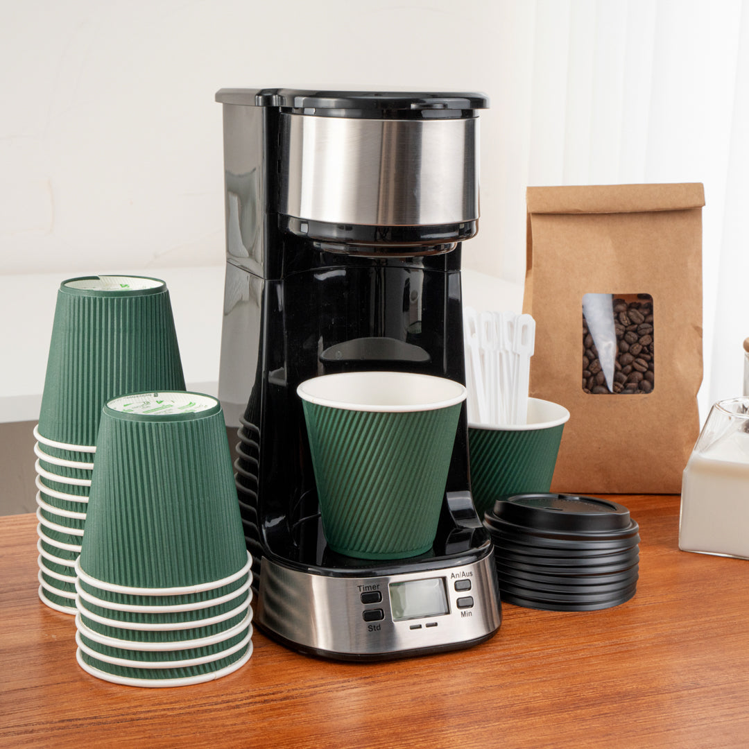 Restpresso 8 oz Forest Green Paper Ripple Wall Coffee Cup - with Black Lid - 3 1/2" x 3 1/2" x 4" - 20 count box