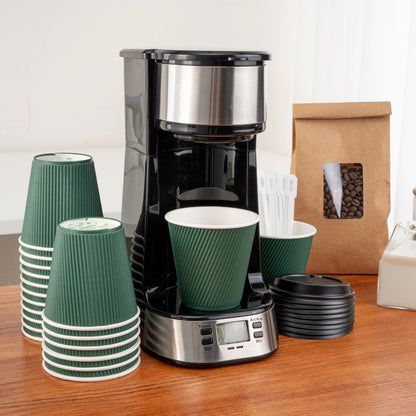 Restpresso 8 oz Forest Green Paper Ripple Wall Coffee Cup - with Black Lid - 3 1/2" x 3 1/2" x 4" - 20 count box