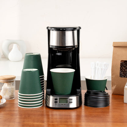 Restpresso 8 oz Forest Green Paper Ripple Wall Coffee Cup - with Black Lid - 3 1/2" x 3 1/2" x 4" - 20 count box