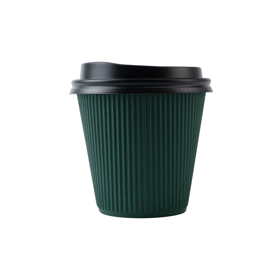 Restpresso 8 oz Forest Green Paper Ripple Wall Coffee Cup - with Black Lid - 3 1/2" x 3 1/2" x 4" - 400 count box