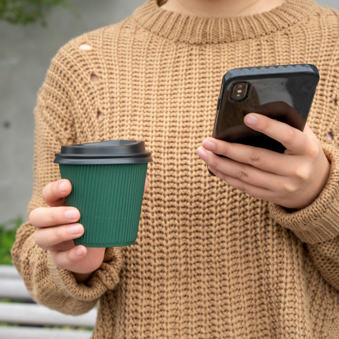 Restpresso 8 oz Forest Green Paper Ripple Wall Coffee Cup - with Black Lid - 3 1/2" x 3 1/2" x 4" - 400 count box