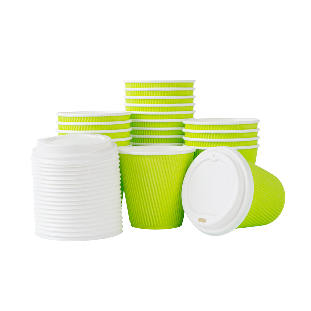 Restpresso 8 oz Eco Green Paper Ripple Wall Coffee Cup - with White Lid - 3 1/2" x 3 1/2" x 4" - 20 count box