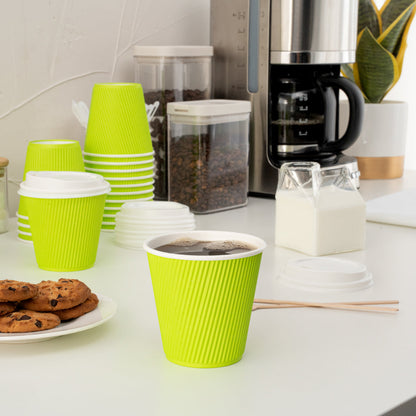 Restpresso 8 oz Eco Green Paper Ripple Wall Coffee Cup - with White Lid - 3 1/2" x 3 1/2" x 4" - 400 count box