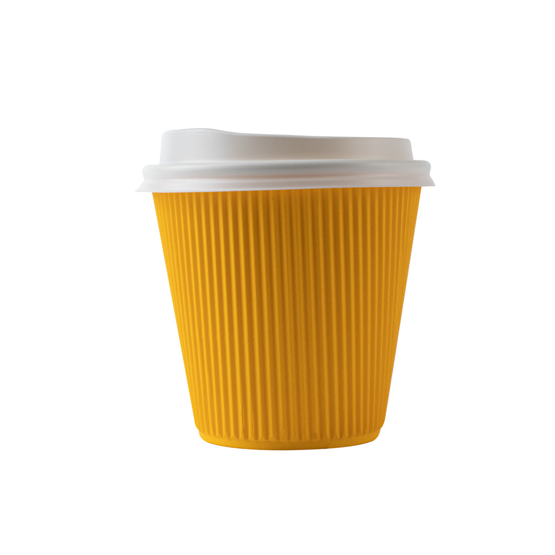 Restpresso 8 oz Yellow Paper Ripple Wall Coffee Cup - with White Lid - 3 1/2" x 3 1/2" x 4" - 400 count box