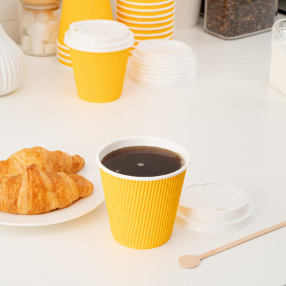 Restpresso 8 oz Yellow Paper Ripple Wall Coffee Cup - with White Lid - 3 1/2" x 3 1/2" x 4" - 400 count box