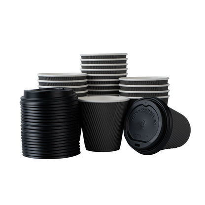 Restpresso 8 oz Gray Paper Ripple Wall Coffee Cup - with Black Lid - 3 1/2" x 3 1/2" x 4" - 400 count box