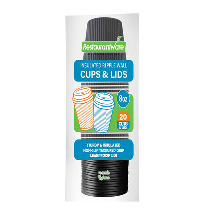 Restpresso 8 oz Gray Paper Ripple Wall Coffee Cup - with Black Lid - 3 1/2" x 3 1/2" x 4" - 20 count box