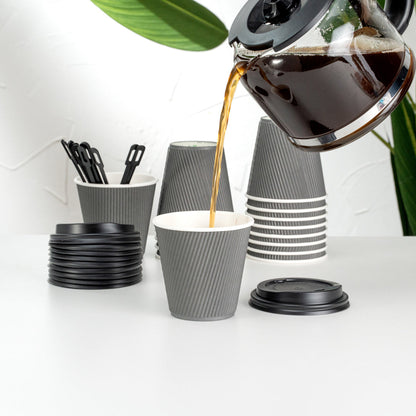 Restpresso 8 oz Gray Paper Ripple Wall Coffee Cup - with Black Lid - 3 1/2" x 3 1/2" x 4" - 20 count box