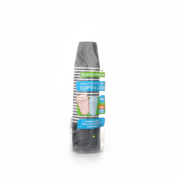 Restpresso 8 oz Gray Paper Ripple Wall Coffee Cup - with Black Lid - 3 1/2" x 3 1/2" x 4" - 20 count box