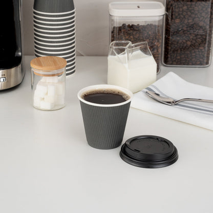 Restpresso 8 oz Gray Paper Ripple Wall Coffee Cup - with Black Lid - 3 1/2" x 3 1/2" x 4" - 20 count box