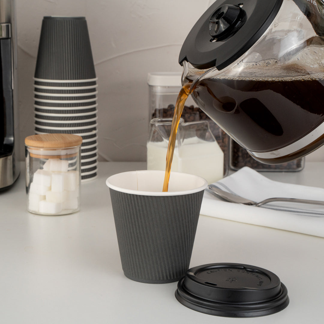 Restpresso 8 oz Gray Paper Ripple Wall Coffee Cup - with Black Lid - 3 1/2" x 3 1/2" x 4" - 20 count box