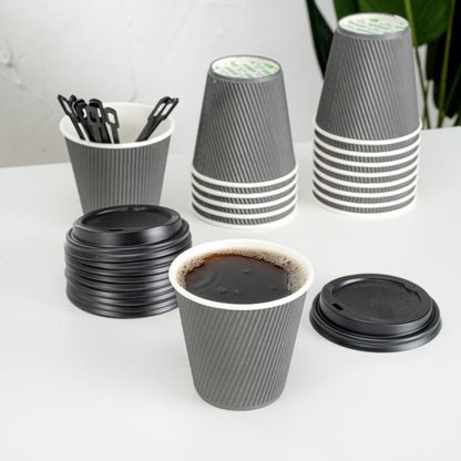 Restpresso 8 oz Gray Paper Ripple Wall Coffee Cup - with Black Lid - 3 1/2" x 3 1/2" x 4" - 20 count box