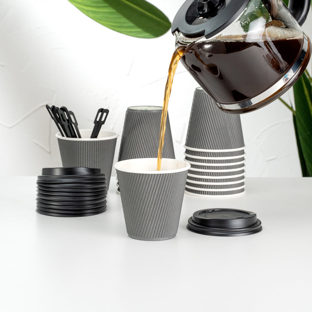 Restpresso 8 oz Gray Paper Ripple Wall Coffee Cup - with Black Lid - 3 1/2" x 3 1/2" x 4" - 400 count box