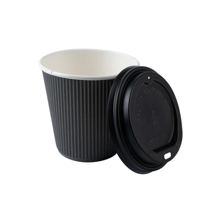 Restpresso 8 oz Gray Paper Ripple Wall Coffee Cup - with Black Lid - 3 1/2" x 3 1/2" x 4" - 400 count box