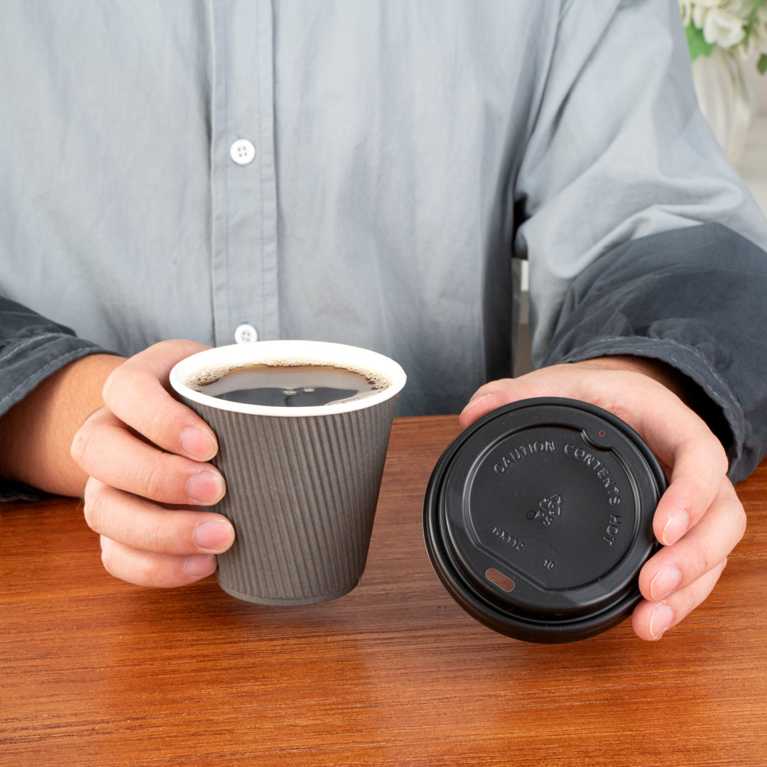 Restpresso 8 oz Gray Paper Ripple Wall Coffee Cup - with Black Lid - 3 1/2" x 3 1/2" x 4" - 400 count box
