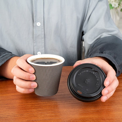 Restpresso 8 oz Gray Paper Ripple Wall Coffee Cup - with Black Lid - 3 1/2" x 3 1/2" x 4" - 400 count box