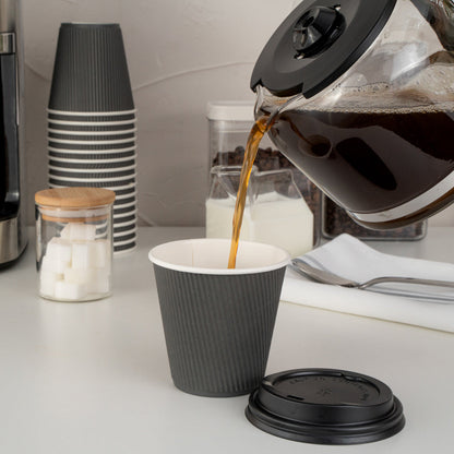 Restpresso 8 oz Gray Paper Ripple Wall Coffee Cup - with Black Lid - 3 1/2" x 3 1/2" x 4" - 400 count box