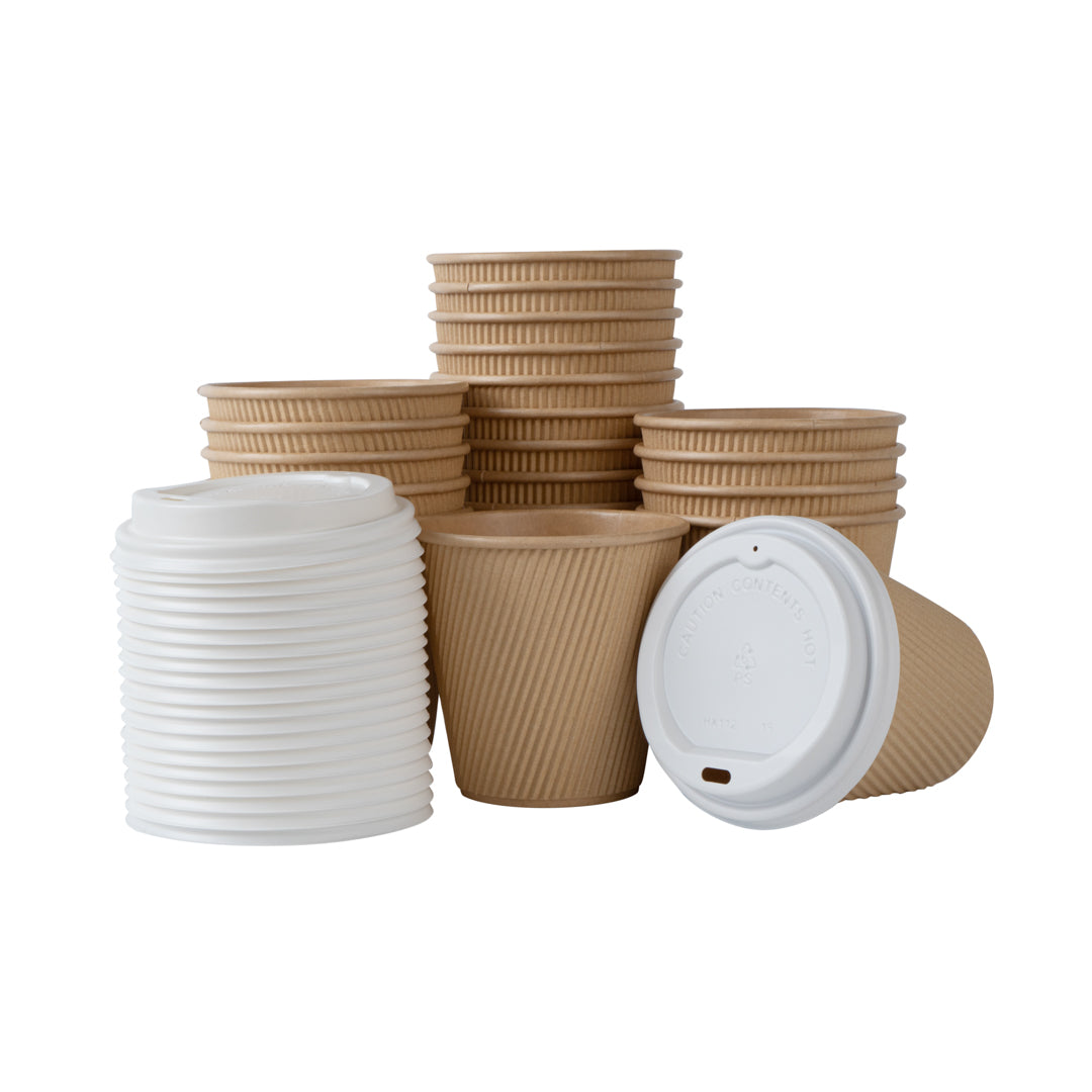 Restpresso 8 oz Kraft Paper Ripple Wall Coffee Cup - with White Lid - 3 1/2" x 3 1/2" x 4" - 20 count box