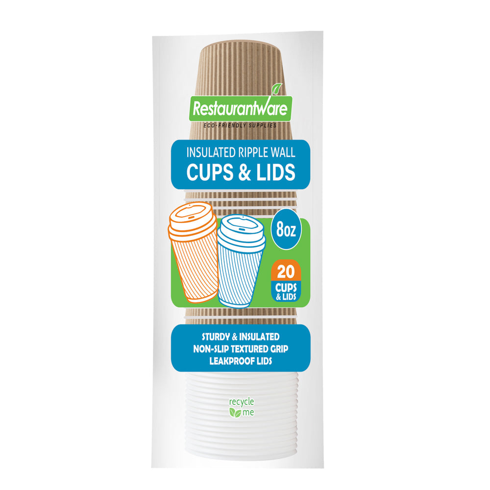 Restpresso 8 oz Kraft Paper Ripple Wall Coffee Cup - with White Lid - 3 1/2" x 3 1/2" x 4" - 20 count box