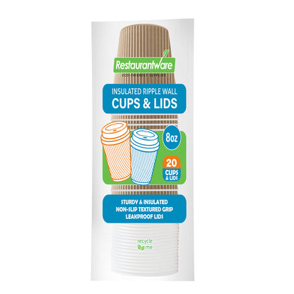 Restpresso 8 oz Kraft Paper Ripple Wall Coffee Cup - with White Lid - 3 1/2" x 3 1/2" x 4" - 20 count box