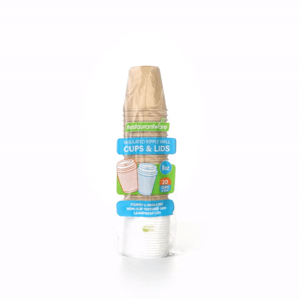 Restpresso 8 oz Kraft Paper Ripple Wall Coffee Cup - with White Lid - 3 1/2" x 3 1/2" x 4" - 400 count box