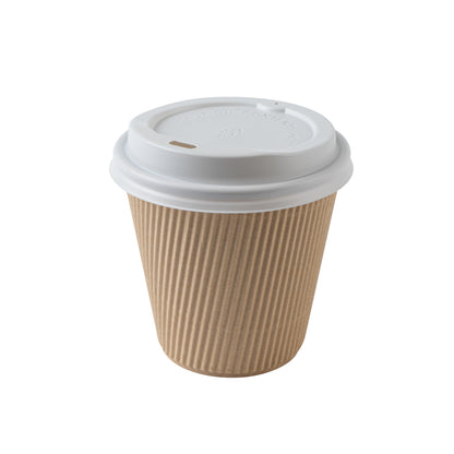 Restpresso 8 oz Kraft Paper Ripple Wall Coffee Cup - with White Lid - 3 1/2" x 3 1/2" x 4" - 400 count box