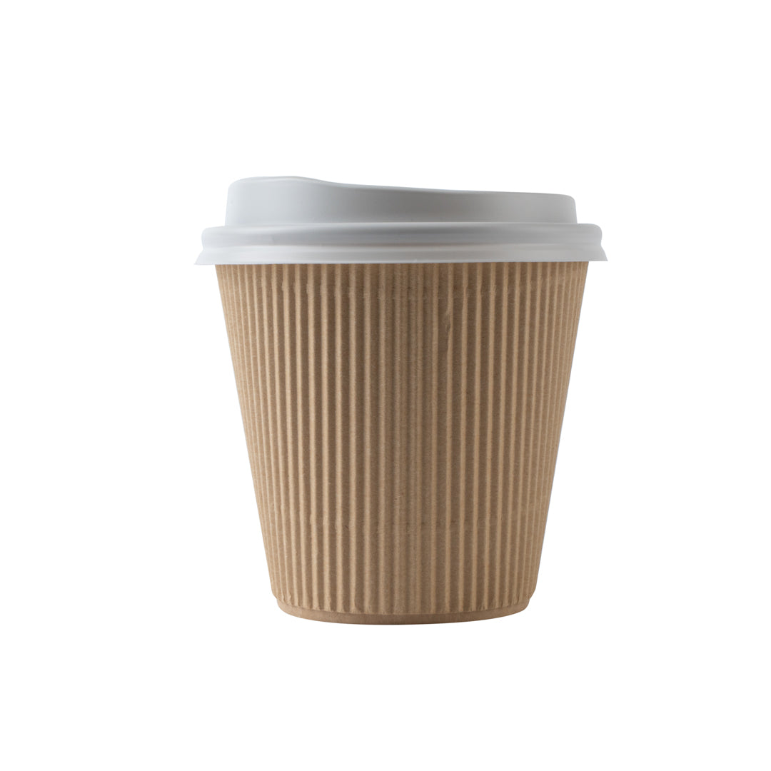 Restpresso 8 oz Kraft Paper Ripple Wall Coffee Cup - with White Lid - 3 1/2" x 3 1/2" x 4" - 400 count box