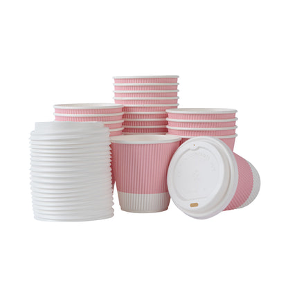 Restpresso 8 oz Light Pink Paper Ripple Wall Coffee Cup - with White Lid - 3 1/2" x 3 1/2" x 4" - 400 count box