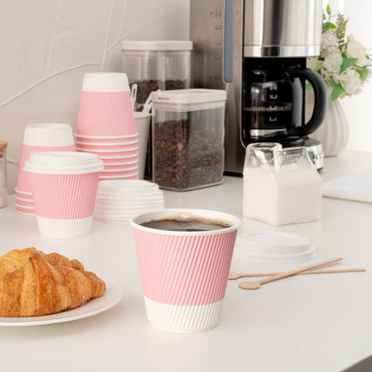 Restpresso 8 oz Light Pink Paper Ripple Wall Coffee Cup - with White Lid - 3 1/2" x 3 1/2" x 4" - 20 count box