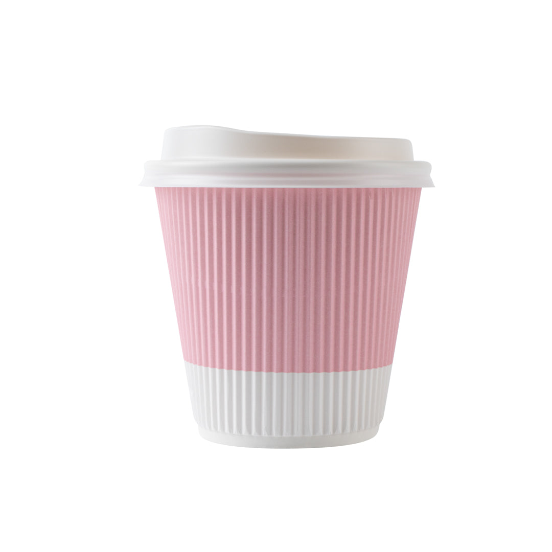 Restpresso 8 oz Light Pink Paper Ripple Wall Coffee Cup - with White Lid - 3 1/2" x 3 1/2" x 4" - 20 count box