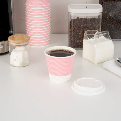 Restpresso 8 oz Light Pink Paper Ripple Wall Coffee Cup - with White Lid - 3 1/2" x 3 1/2" x 4" - 20 count box