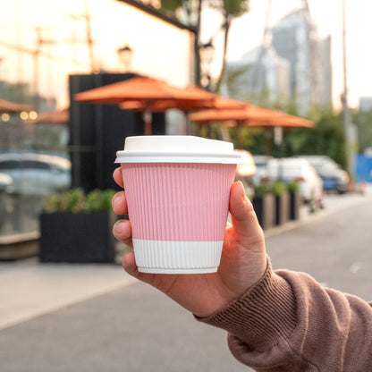 Restpresso 8 oz Light Pink Paper Ripple Wall Coffee Cup - with White Lid - 3 1/2" x 3 1/2" x 4" - 400 count box