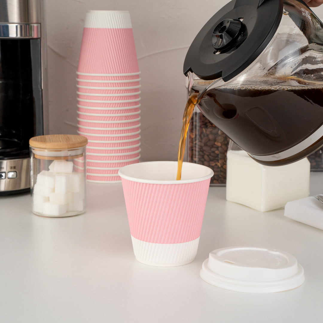 Restpresso 8 oz Light Pink Paper Ripple Wall Coffee Cup - with White Lid - 3 1/2" x 3 1/2" x 4" - 400 count box