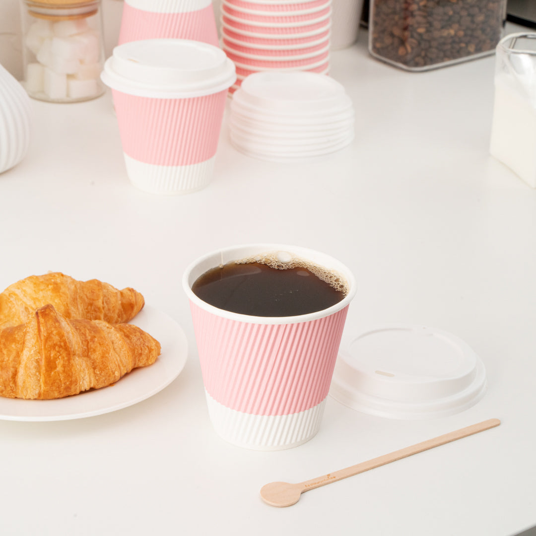 Restpresso 8 oz Light Pink Paper Ripple Wall Coffee Cup - with White Lid - 3 1/2" x 3 1/2" x 4" - 400 count box