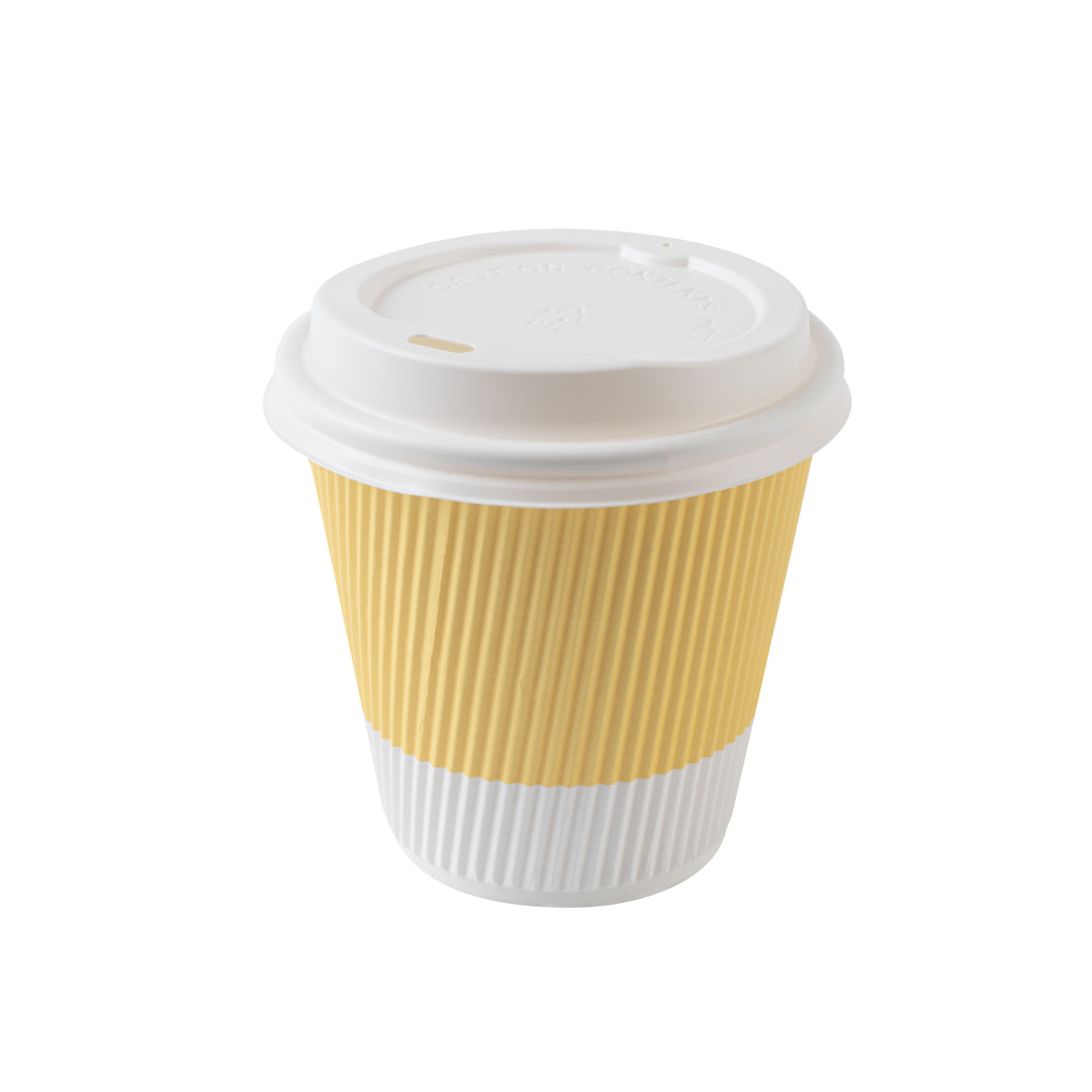 Restpresso 8 oz Light Yellow Paper Ripple Wall Coffee Cup - with White Lid - 3 1/2" x 3 1/2" x 4" - 20 count box