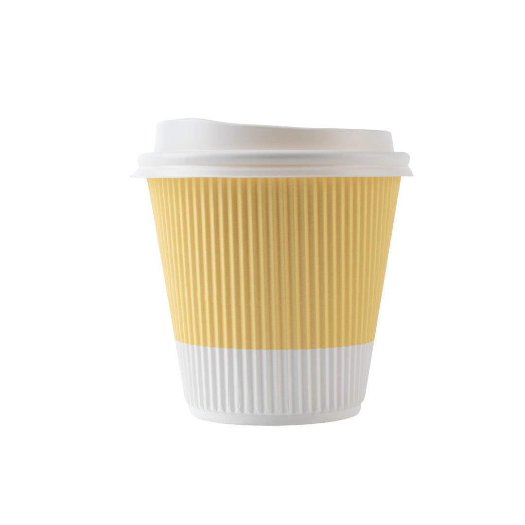 Restpresso 8 oz Light Yellow Paper Ripple Wall Coffee Cup - with White Lid - 3 1/2" x 3 1/2" x 4" - 20 count box