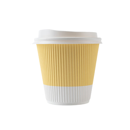Restpresso 8 oz Light Yellow Paper Ripple Wall Coffee Cup - with White Lid - 3 1/2" x 3 1/2" x 4" - 20 count box