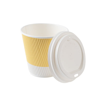 Restpresso 8 oz Light Yellow Paper Ripple Wall Coffee Cup - with White Lid - 3 1/2" x 3 1/2" x 4" - 20 count box
