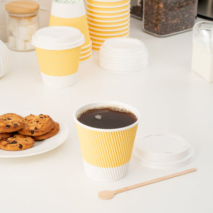 Restpresso 8 oz Light Yellow Paper Ripple Wall Coffee Cup - with White Lid - 3 1/2" x 3 1/2" x 4" - 20 count box
