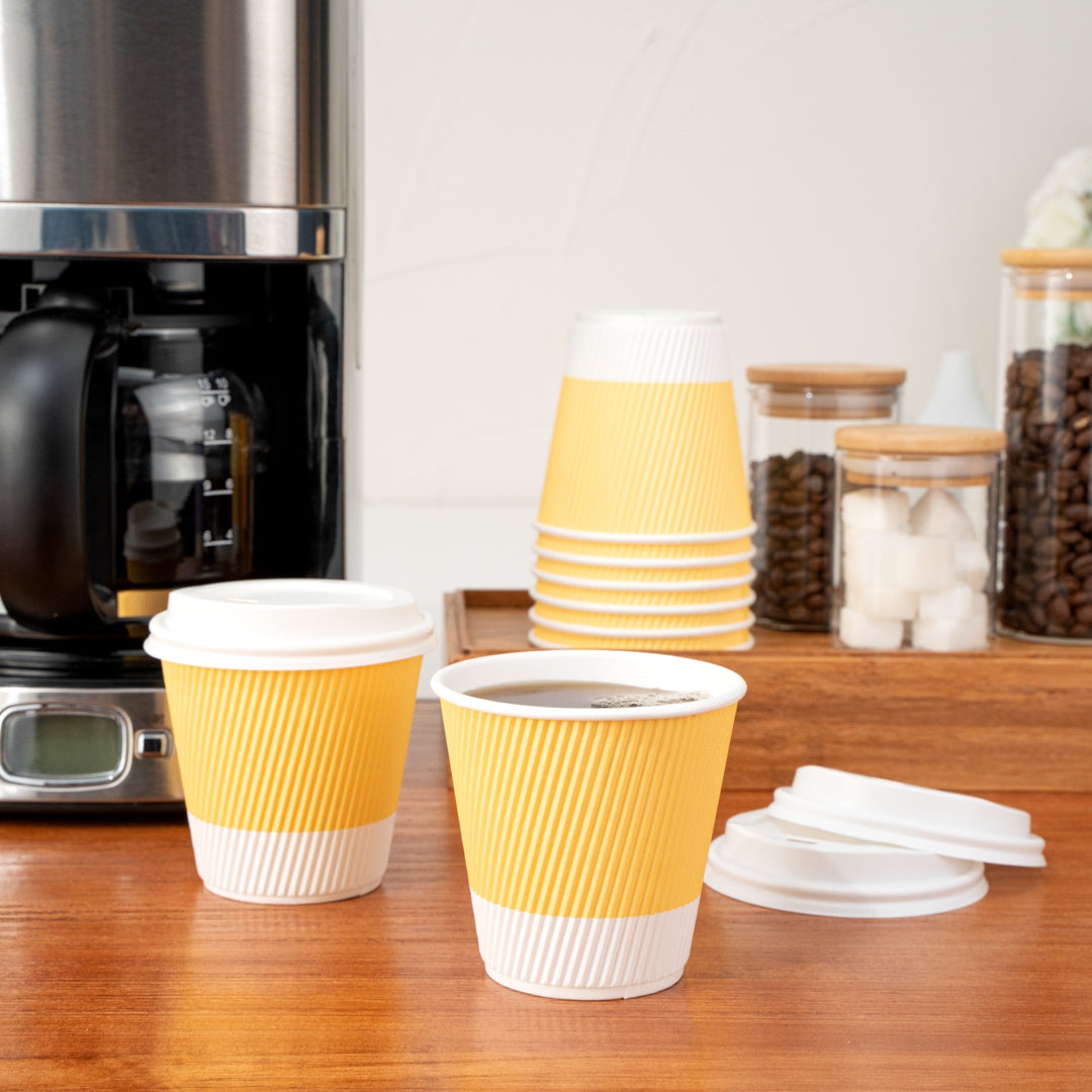 Restpresso 8 oz Light Yellow Paper Ripple Wall Coffee Cup - with White Lid - 3 1/2" x 3 1/2" x 4" - 20 count box
