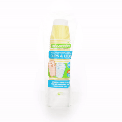 Restpresso 8 oz Light Yellow Paper Ripple Wall Coffee Cup - with White Lid - 3 1/2" x 3 1/2" x 4" - 400 count box
