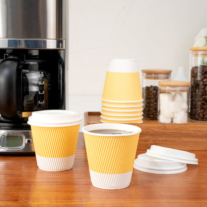 Restpresso 8 oz Light Yellow Paper Ripple Wall Coffee Cup - with White Lid - 3 1/2" x 3 1/2" x 4" - 400 count box