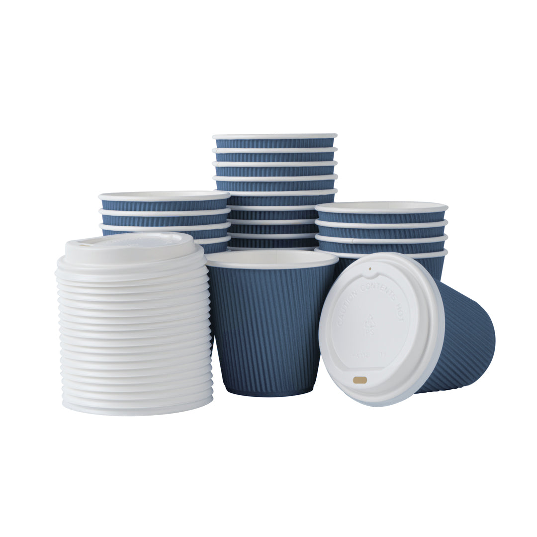 Restpresso 8 oz Midnight Blue Paper Ripple Wall Coffee Cup - with White Lid - 3 1/2" x 3 1/2" x 4" - 20 count box