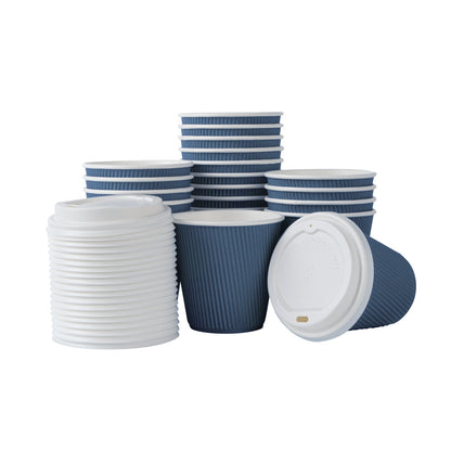 Restpresso 8 oz Midnight Blue Paper Ripple Wall Coffee Cup - with White Lid - 3 1/2" x 3 1/2" x 4" - 20 count box