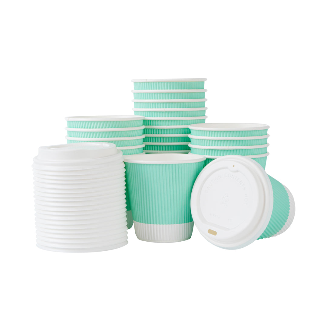Restpresso 8 oz Light Green Paper Ripple Wall Coffee Cup - with White Lid - 3 1/2" x 3 1/2" x 4" - 20 count box