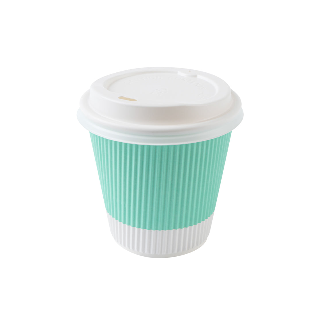 Restpresso 8 oz Light Green Paper Ripple Wall Coffee Cup - with White Lid - 3 1/2" x 3 1/2" x 4" - 20 count box