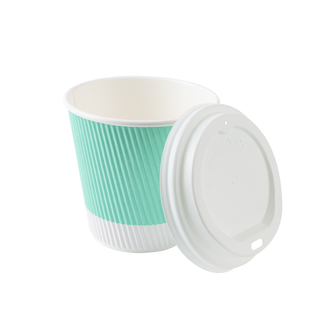 Restpresso 8 oz Light Green Paper Ripple Wall Coffee Cup - with White Lid - 3 1/2" x 3 1/2" x 4" - 20 count box