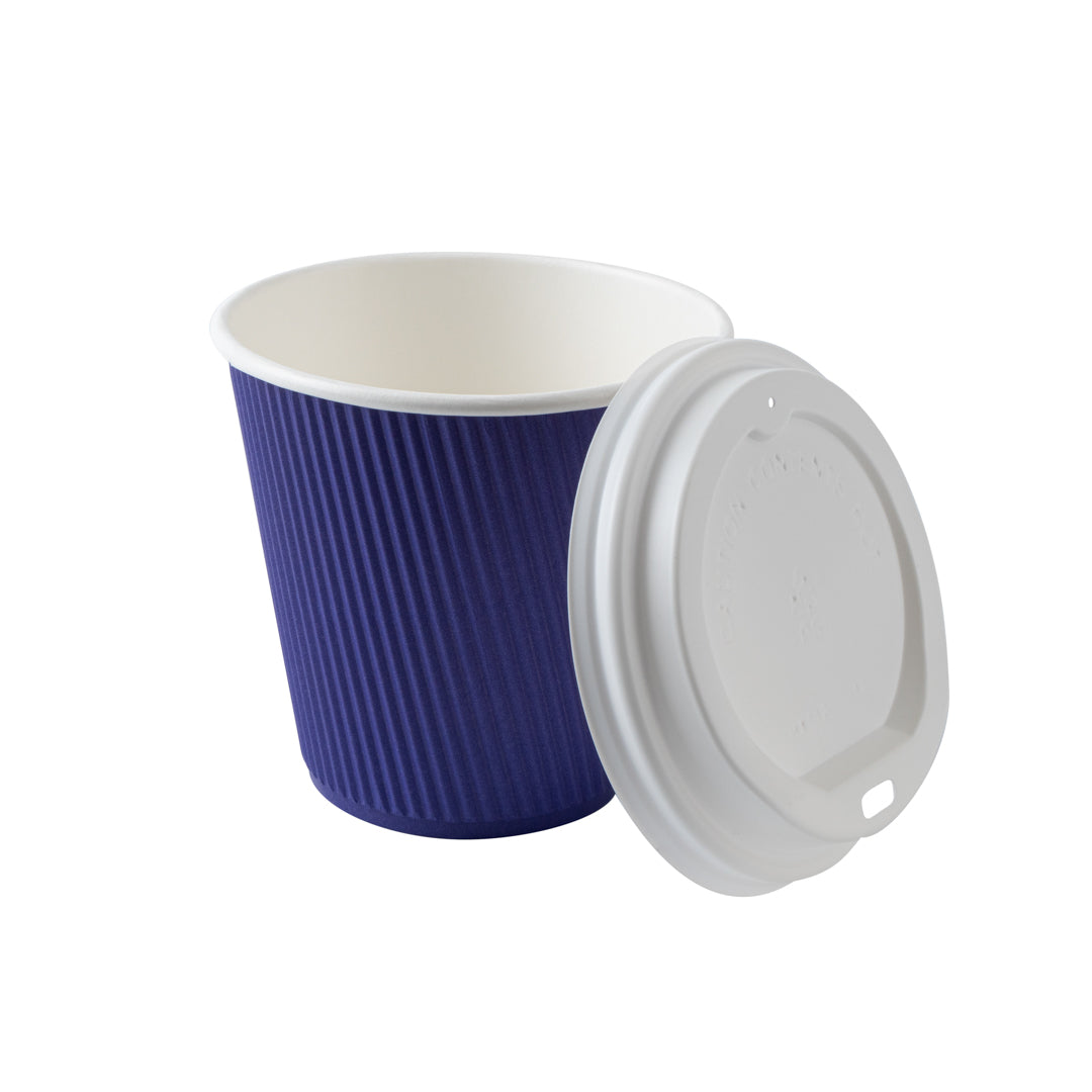 Restpresso 8 oz Royal Purple Paper Ripple Wall Coffee Cup - with White Lid - 3 1/2" x 3 1/2" x 4" - 400 count box